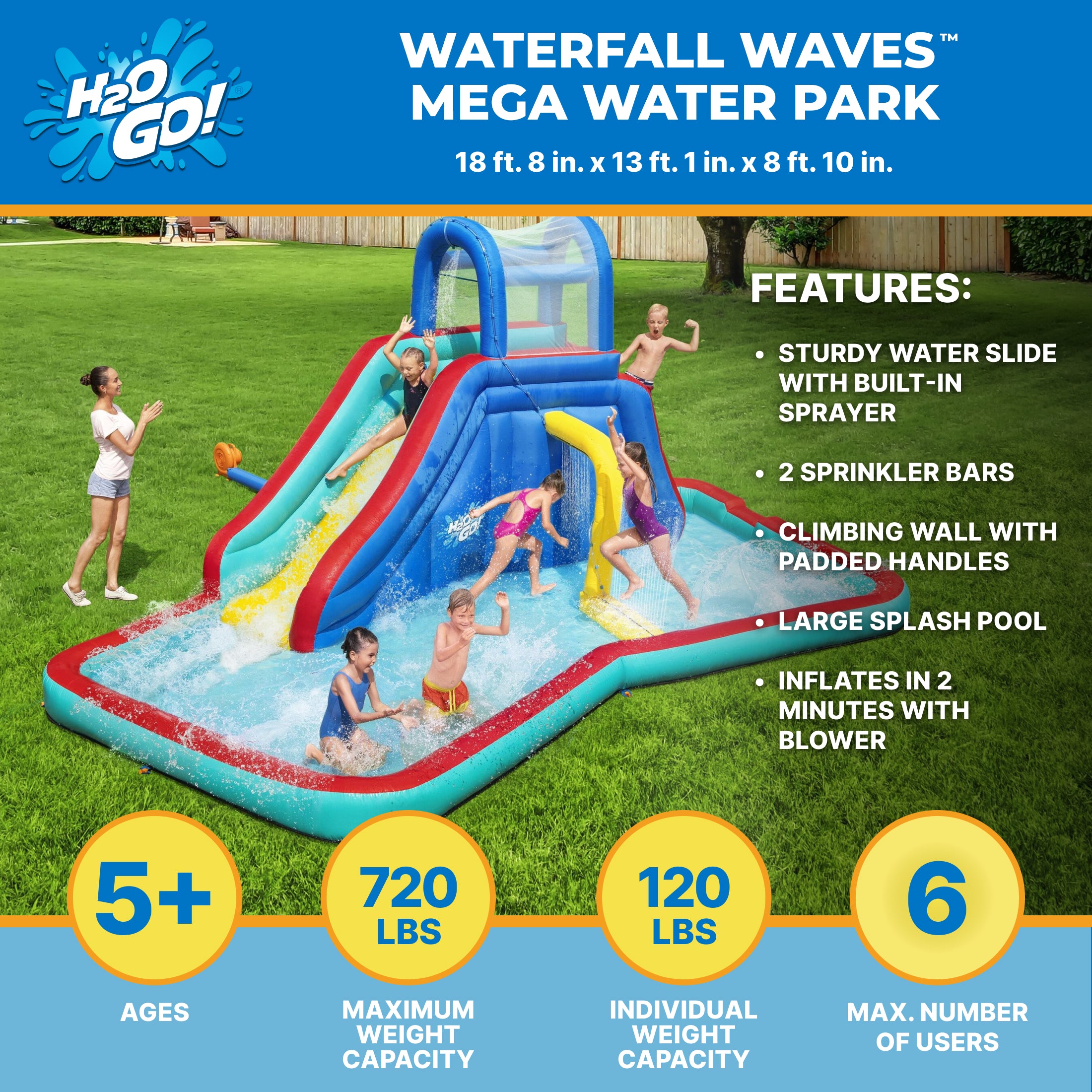 H2OGO! Waterfall Waves Kids Inflatable Water Park 18'8 - Image 4